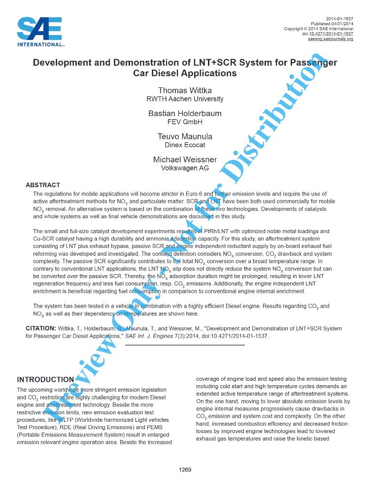 Development and Demonstration of LNT+SCR System for Passenger Car Diesel Applications