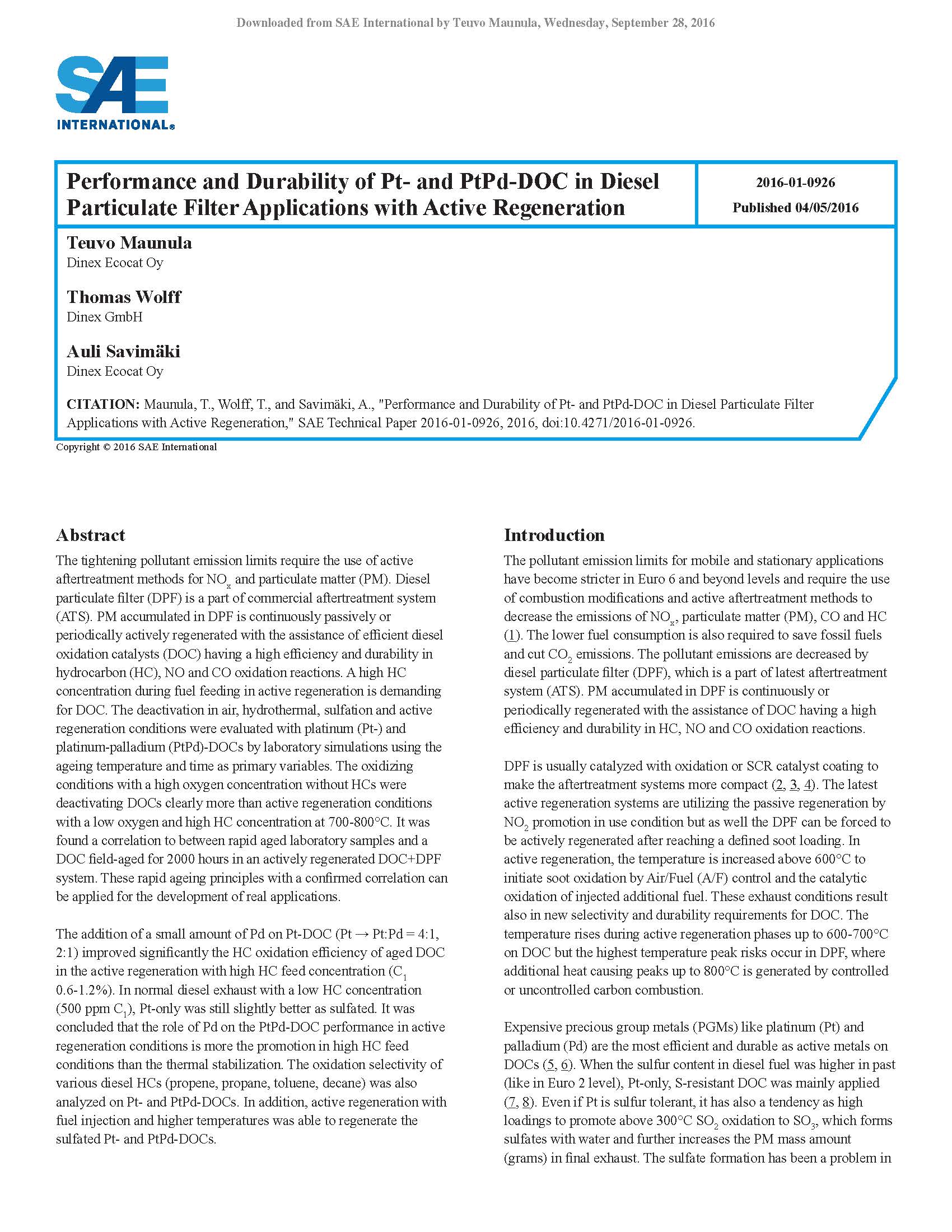 Performance and Durability of Pt- and PtPd-DOC in Diesel Particulate Filter Applications with Active Regeneration