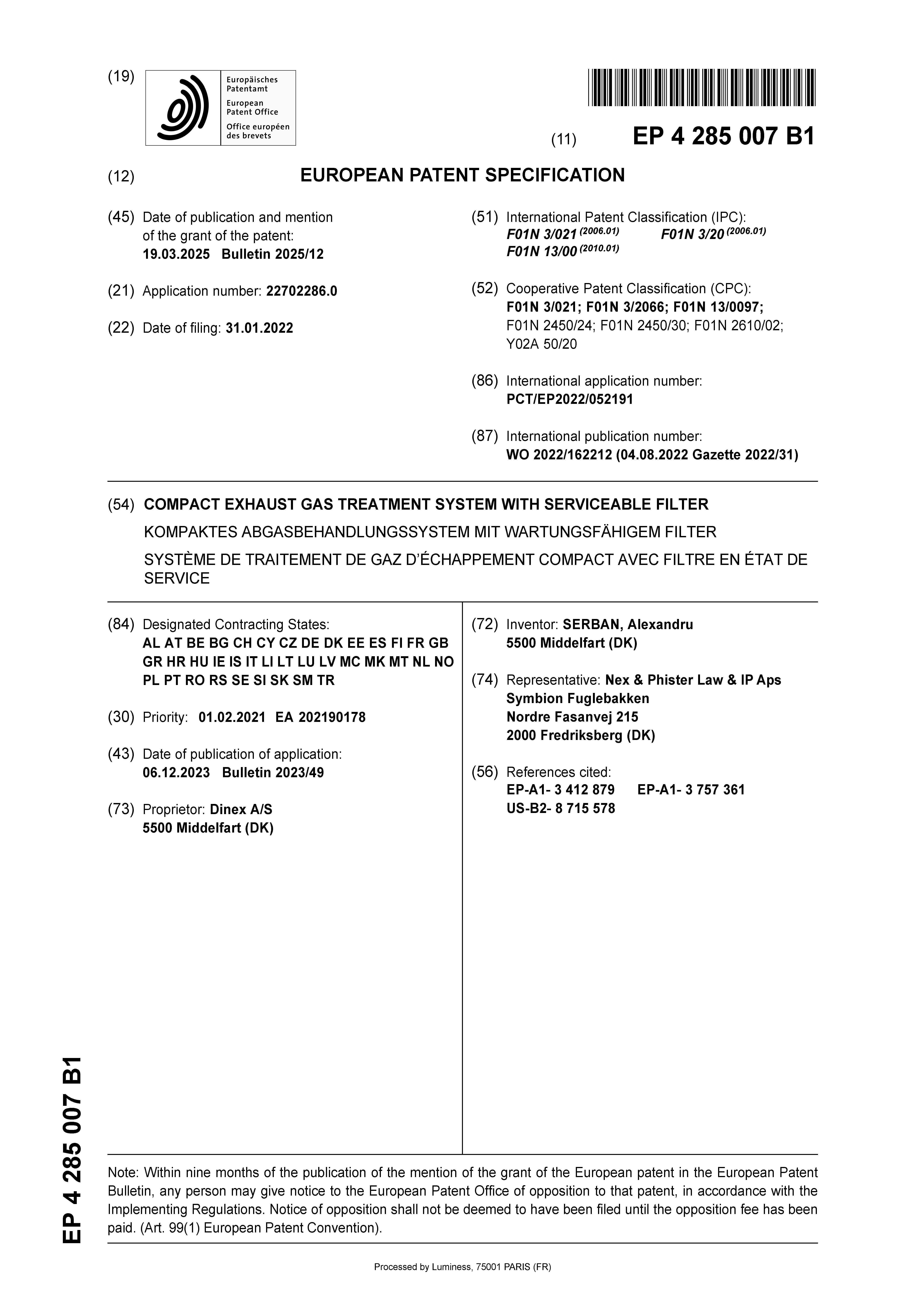 Compact Exhaust Gas Treatment System with Serviceable Filter