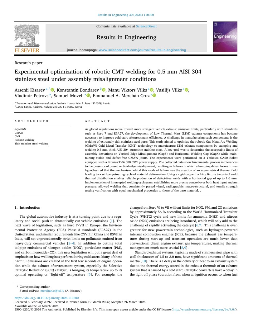 Experimental optimization of robotic CMT welding for 0.5 mm AISI 304 stainless steel under assembly misalignment conditions