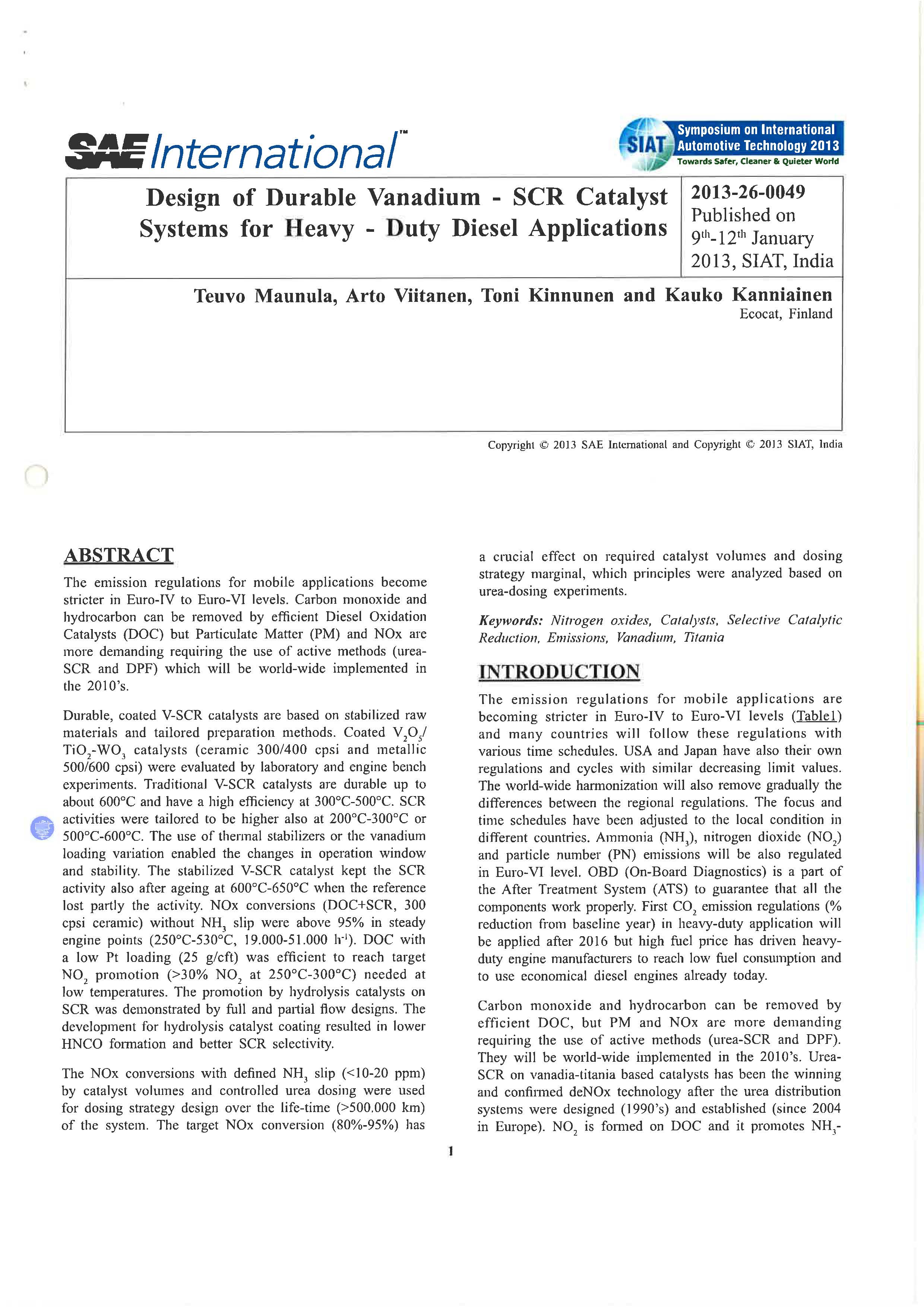 Design of Durable Vanadium - SCR Catalyst Systems for Heavy - Duty Diesel Applications