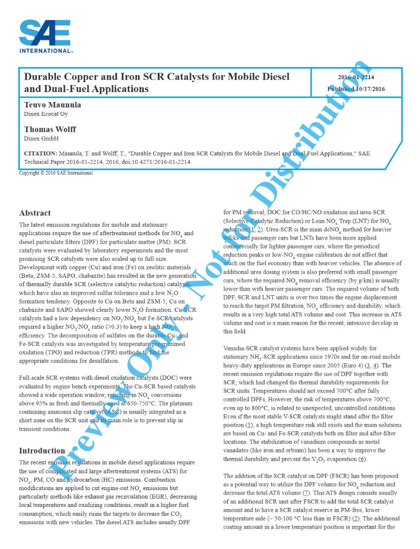 Durable Copper and Iron SCR Catalysts for Mobile Diesel and Dual-Fuel Applications